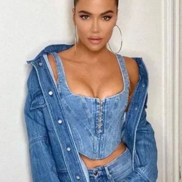 House of CB London Sibille Denim Corset Top Blue Size Small Sleeveless Zip Up